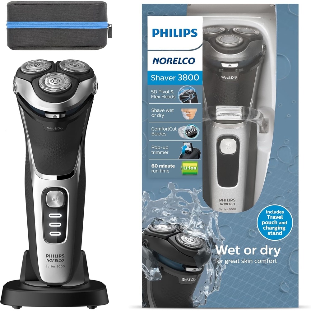 image:imagePhilips Norelco Shaver 3900 Series Wet and Dry Electric Shaver PCap Travel Pouch Charging Stand Storm Blue Model S334192Space Gray