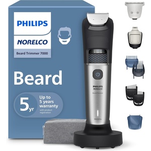 Norelco Philips Beard Trimmer 7000 Series, 100% Waterproof Trimmer for Men, 40 Lock-in Hair Length Settings, BeardSense Power Adaptability, Detail & T-Blade Trimmer Heads, Charging Stand, BT7670/40(Black)